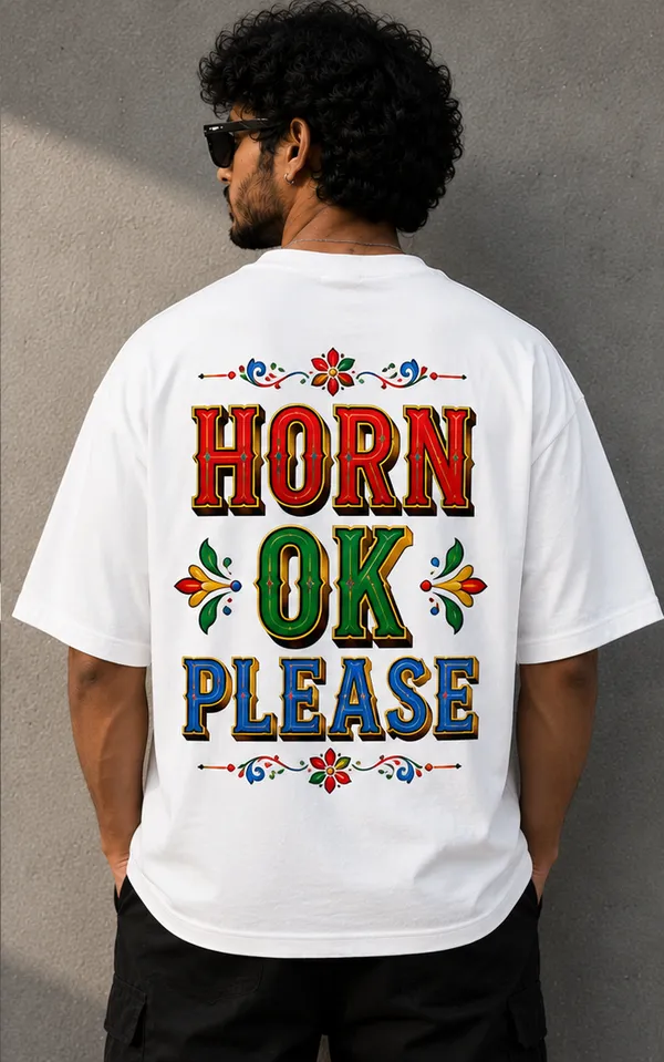 White_Cotton_Oversized_Fit_"Horn_Ok_Please"_Printed_T_Shirt_for_Men