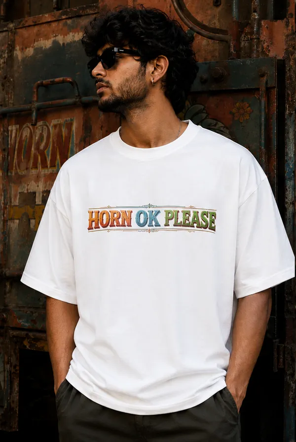 White_Cotton_Oversized_Fit_"Horn_Ok_Please"_Printed_T_Shirt_for_Men
