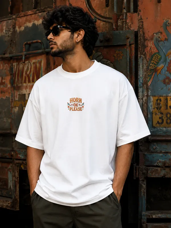 White_Cotton_Oversized_Fit_"Horn_Ok_Please"_Printed_T_Shirt_for_Men