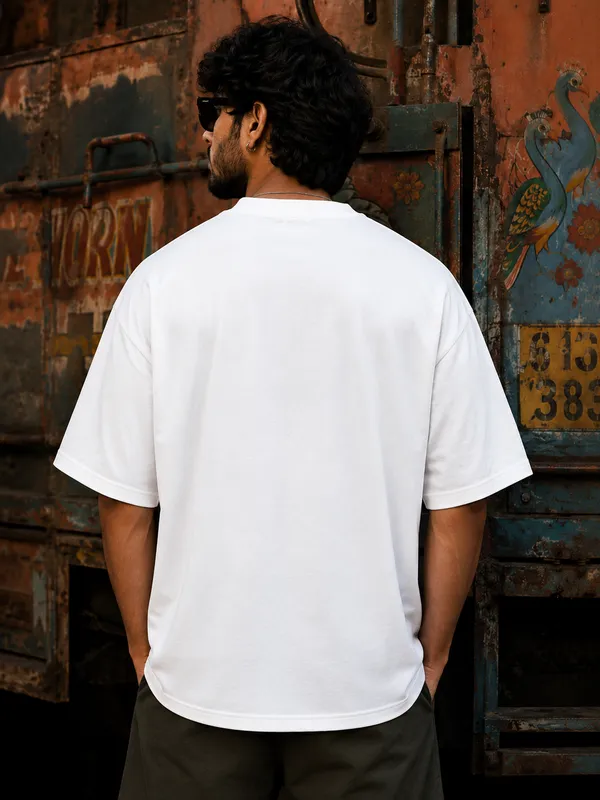 White_Cotton_Oversized_Fit_"Horn_Ok_Please"_Printed_T_Shirt_for_Men