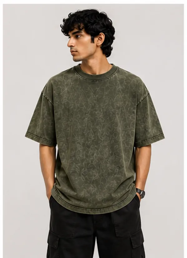 Green_Oversized-fit_"Acid-Wash"_Cotton_T_Shirt_for_Men