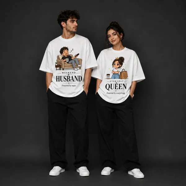 White_Cotton_Oversized_Fit_"Husband_&_Wife"_Combo_Printed_T_Shirt
