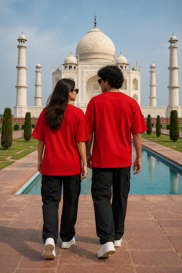 Bright_Red/Red_Cotton_Oversized_Fit_"Husband_&_Wife"_Combo_Printed_T_Shirt