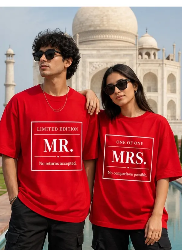 Bright_Red/Red_Cotton_Oversized_Fit_"Husband_&_Wife"_Combo_Printed_T_Shirt