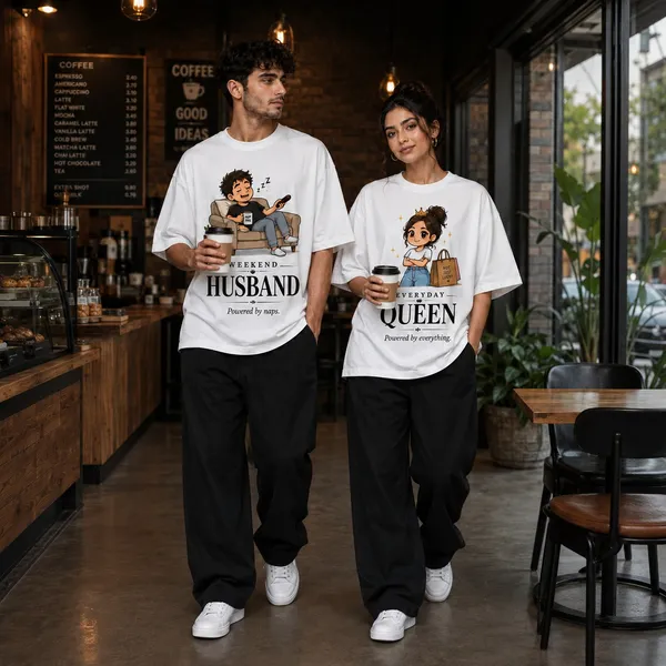 White_Cotton_Oversized_Fit_"Husband_&_Wife"_Combo_Printed_T_Shirt