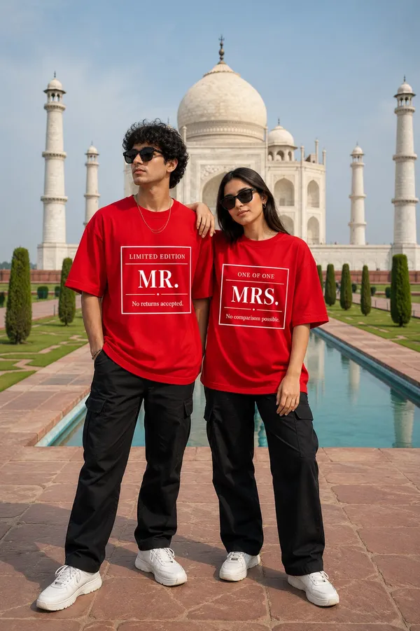 Bright_Red/Red_Cotton_Oversized_Fit_"Husband_&_Wife"_Combo_Printed_T_Shirt