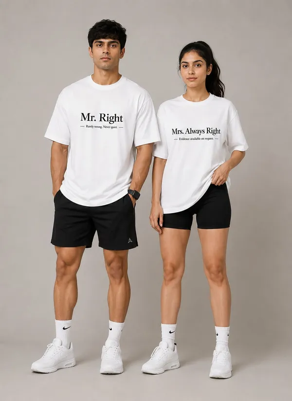 White_Cotton_Oversized_Fit_"Husband_&_Wife"_Combo_Printed_T_Shirt
