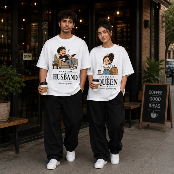 White_Cotton_Oversized_Fit_"Husband_&_Wife"_Combo_Printed_T_Shirt
