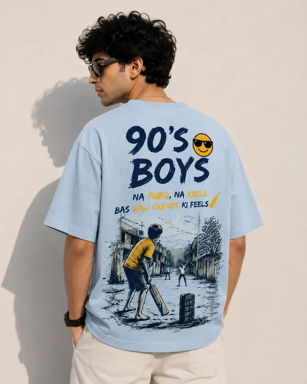 Baby_Blue/Blue_Cotton_Oversized_Fit_"90s_Ke_Ladke"_Printed_T_Shirt_for_Men