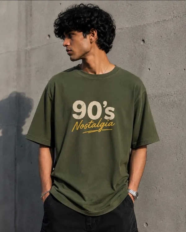 Olive/Green_Cotton_Oversized_Fit_"90s_Generation/Nostalgia"_Print_T_Shirt_for_Men
