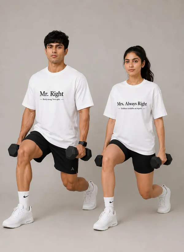 White_Cotton_Oversized_Fit_"Husband_&_Wife"_Combo_Printed_T_Shirt