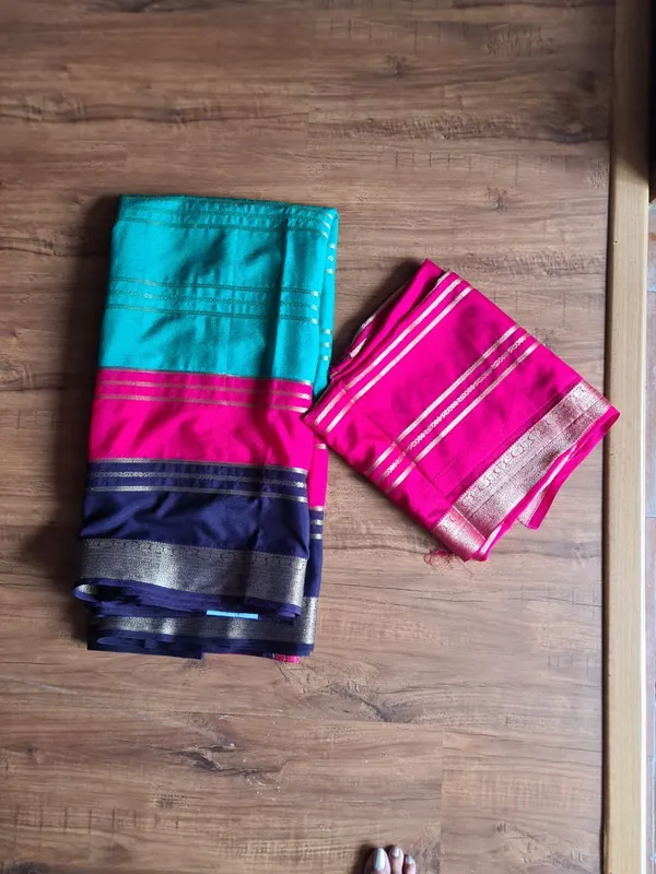 Teal_Pink_Navy_Silk_Zari_Border_Saree_With_Blouse_Piece_For_Women