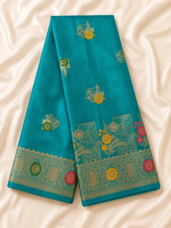 Teal_Silk_Zari_Woven_Floral_Banarasi_Saree_For_Women