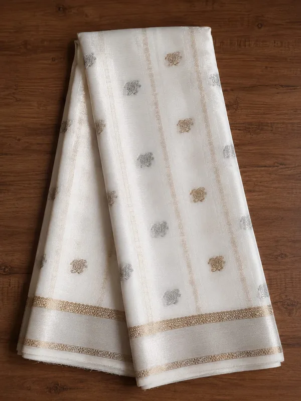 White_Cotton_Silver_Gold_Zari_Booti_Unstitched_Fabric_For_Men