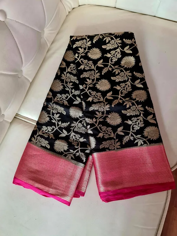 Black_Silk_Golden_Floral_Zari_Woven_Pink_Border_Banarasi_Saree_For_Women
