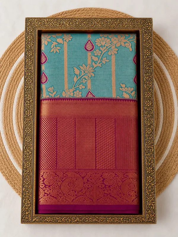 Teal_Silk_Zari_Woven_Maroon_Border_Kanjivaram_Saree_For_Women