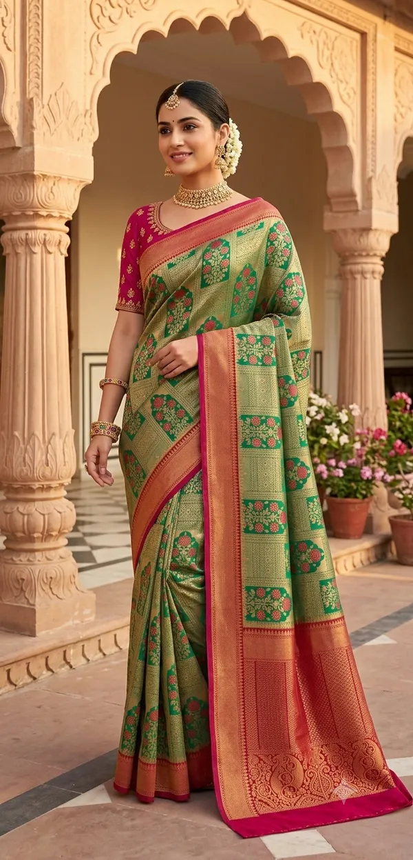 Green_And_Pink_Silk_Zari_Woven_Kanjivaram_Saree_For_Women