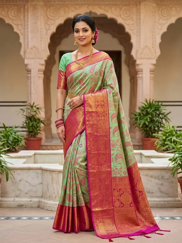 Green_Silk_Zari_Woven_Paisley_Print_Banarasi_Saree_For_Women