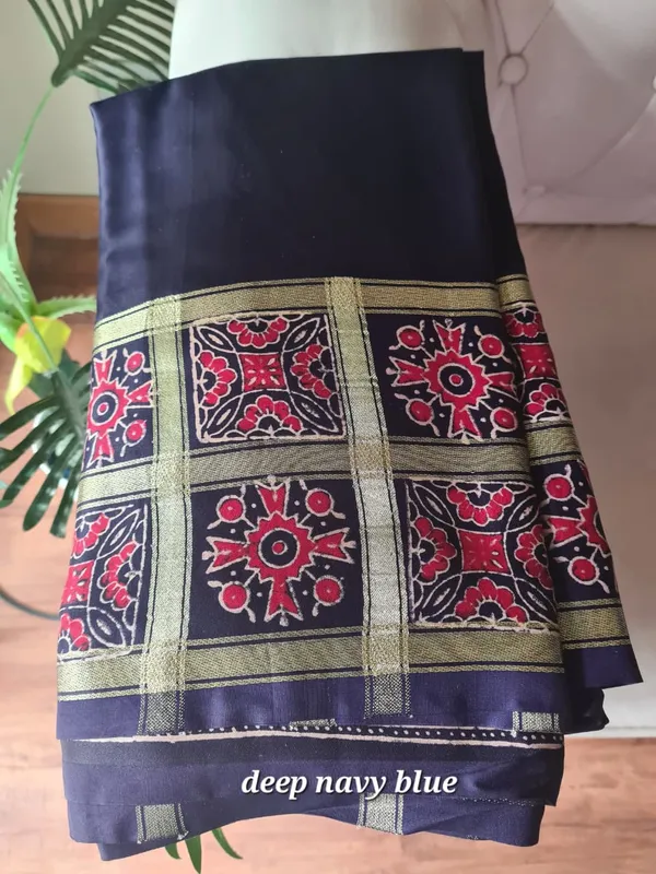 Navy_Blue_Satin_Ajrakh_Printed_Border_Saree_With_Polka_Dot_Blouse