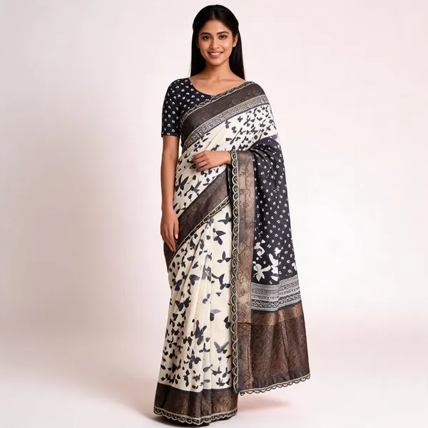 Black_And_White_Butterfly_Print_Zari_Border_Saree_With_Blouse