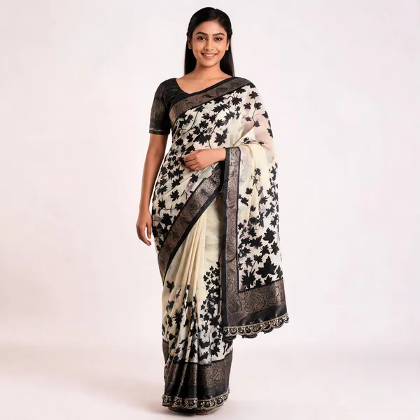 Cream_Black_Leaf_Print_Zari_Border_Saree_For_Women