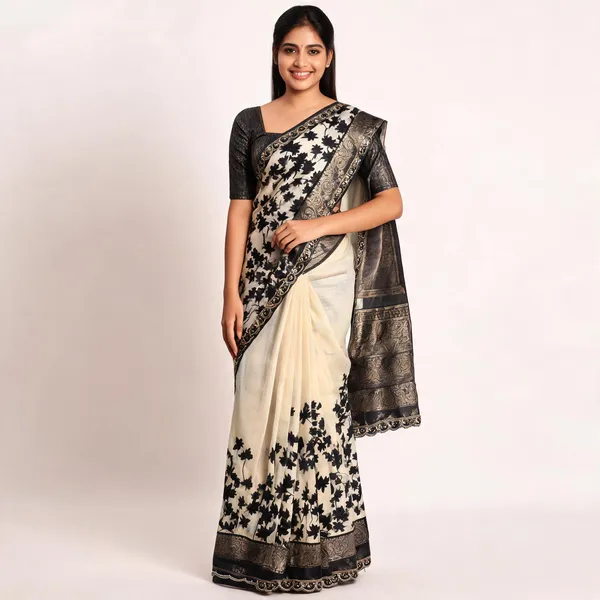 Cream_Black_Leaf_Print_Zari_Border_Saree_For_Women