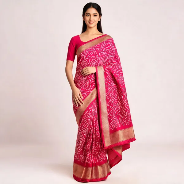 Pink_Bandhani_Print_Golden_Border_Silk_Saree_For_Women