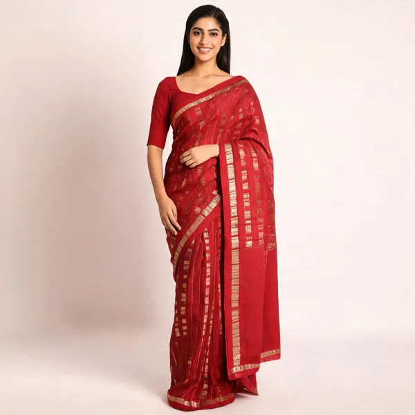 Brick_Red_Semi_Crepe_Zari_Striped_Saree_For_Women