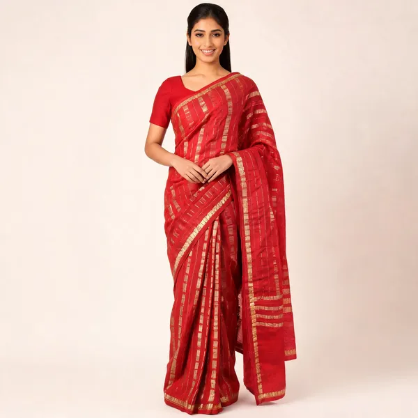 Brick_Red_Semi_Crepe_Gold_Zari_Striped_Saree_For_Women