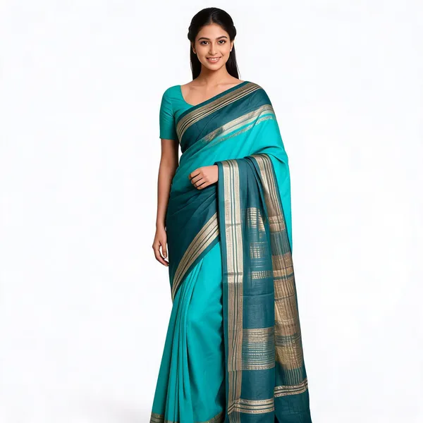 Teal_Semi_Crepe_Silk_Zari_Border_Ethnic_Saree_For_Women