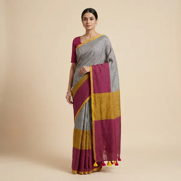 Grey_Mustard_Maroon_Cotton_Colorblock_Handloom_Saree_For_Women