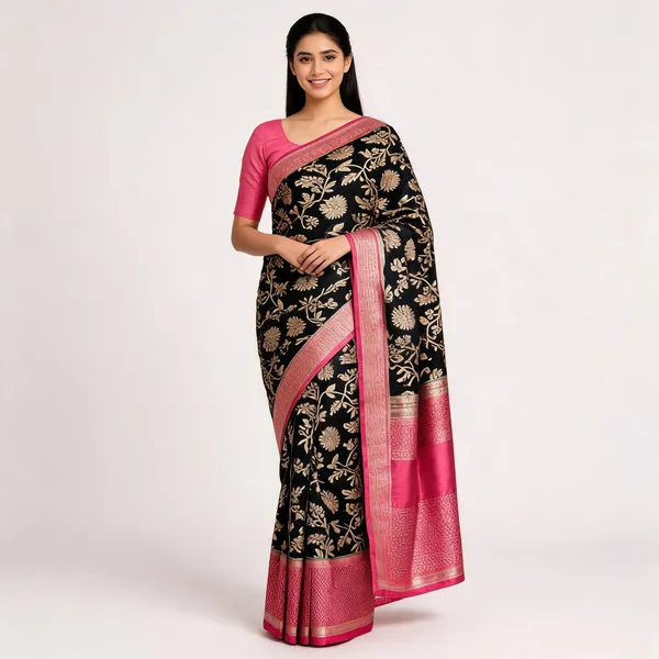 Black_Silk_Golden_Floral_Zari_Woven_Pink_Border_Banarasi_Saree_For_Women