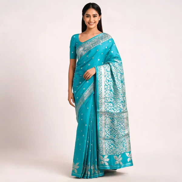 Turquoise_Silk_Zari_Woven_Floral_Border_Saree_For_Women