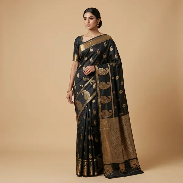 Black_Silk_Zari_Border_Elephant_Motif_Ethnic_Saree_For_Women