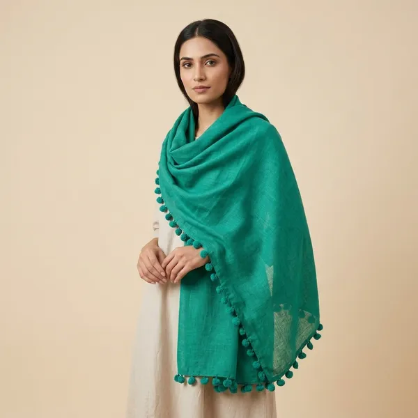 Green_Cotton_Pom_Pom_Border_Dupatta_For_Women