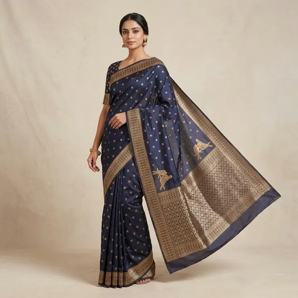Black_Silk_Zari_Woven_Banarasi_Saree_With_Blouse_For_Women