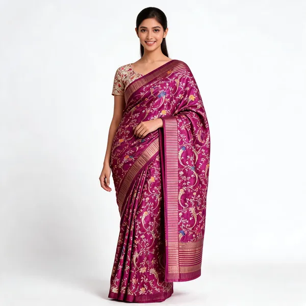 Maroon_Semi_Crepe_Golden_Stipe_Saree_With_Silk_Blouse_Piece_For_Women