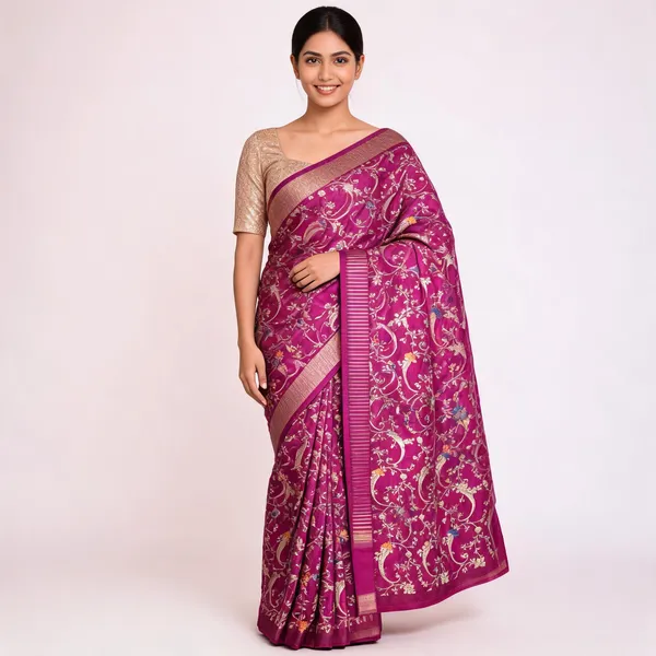 Maroon_Semi_Crepe_Golden_Stipe_Saree_With_Silk_Blouse_Piece_For_Women