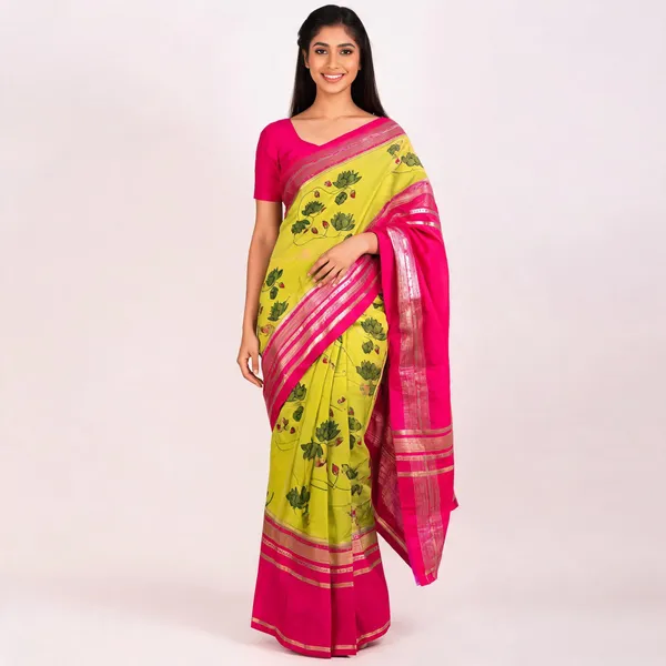 Yellow_Silk_Pink_Border_Floral_Print_Saree_For_Women