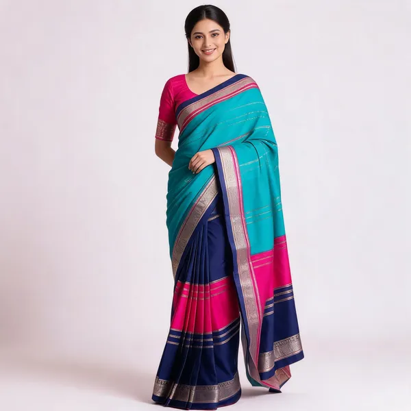 Teal_Pink_Navy_Silk_Zari_Border_Saree_With_Blouse_Piece_For_Women