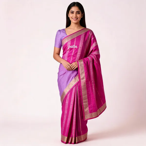 Pink_&_Lavender_Half_&_Half_Silk_Zari_Border_Pallu_Saree_For_Women
