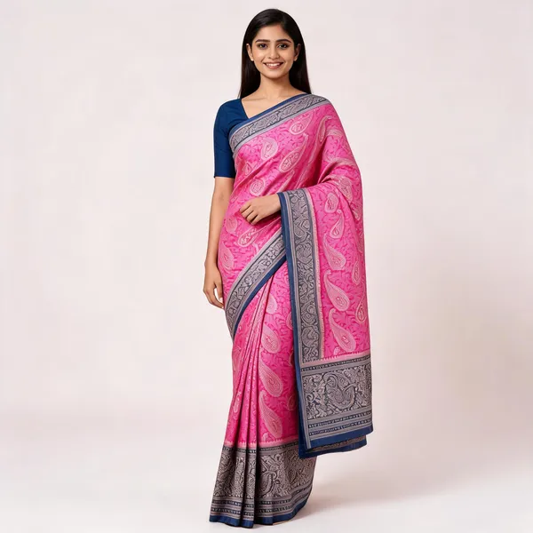 Pink_Silk_Paisley_Print_Saree_With_Navy_Border_For_Women