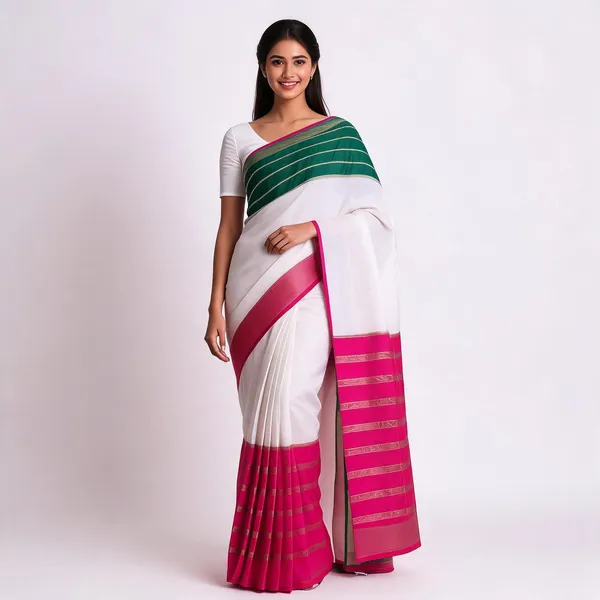 Green_White_And_Pink_Silk_Zari_Border_Saree_For_Women