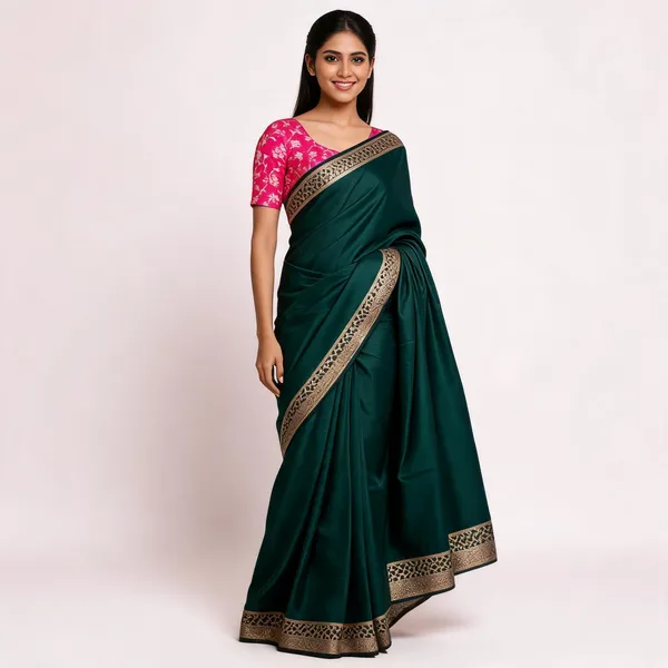 Green_Silk_Woven_Border_Saree_With_Pink_Floral_Blouse