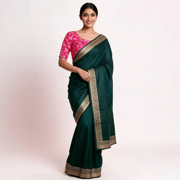 Green_Silk_Woven_Border_Saree_With_Pink_Floral_Blouse