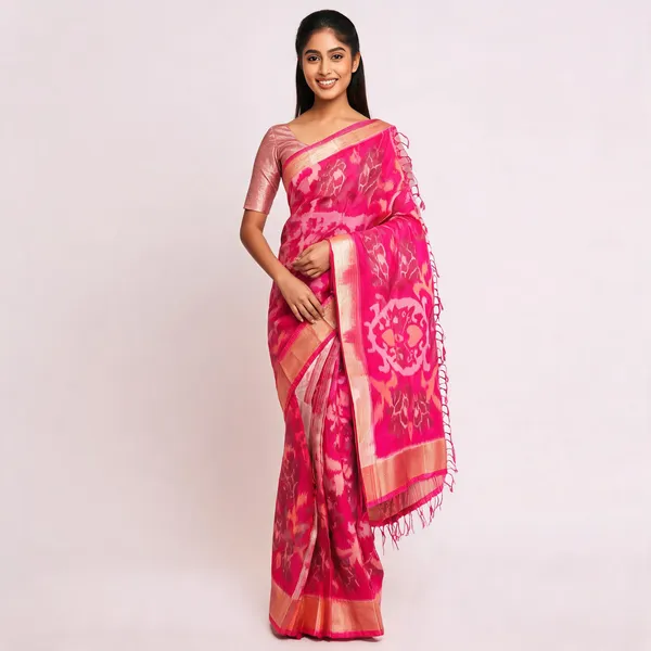 Pink_Silk_Ikat_Print_Tasseled_Saree_For_Women