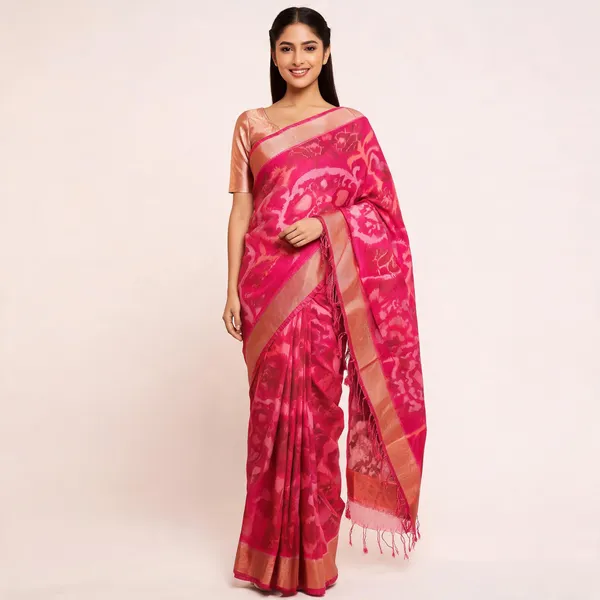Pink_Silk_Ikat_Print_Tasseled_Saree_For_Women