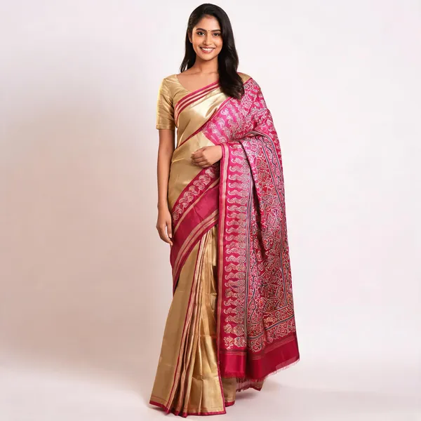 Maroon_Silk_Gold_Border_Ajrak_Print_Saree_For_Women