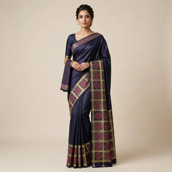 Navy_Blue_Satin_Ajrakh_Printed_Border_Saree_With_Polka_Dot_Blouse