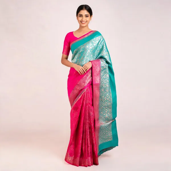 Pink_Silk_Zari_Woven_Border_Banarasi_Saree_With_Blouse_Piece
